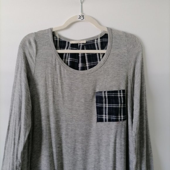 Easel Womens Gray Blue Plaid Back Long Sleeve Pocket Tunic T-Shirt Size L - Picture 2 of 6